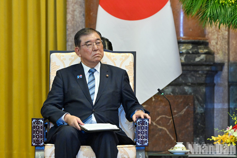 Japanese PM Ishiba Shigeru speaks at the reception.