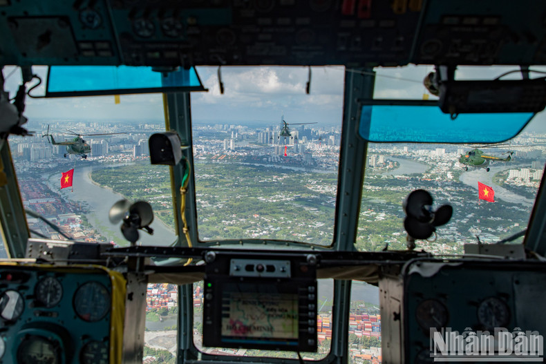 Inside the helicopter cockpit.