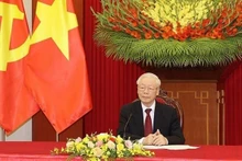 Party General Secretary Nguyen Phu Trong during his phone talks with German Chancellor and leader of the German Social Democratic Party Olaf Scholz. (Photo: VNA)