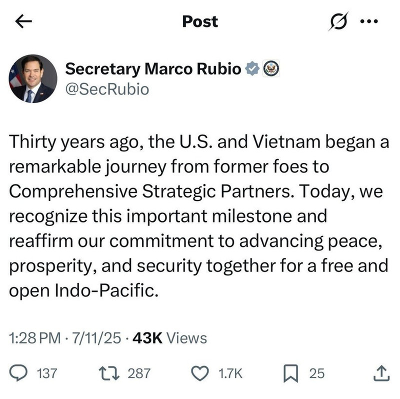 US Secretary of State Marco Rubio's post on X social network. (Photo: VNA)