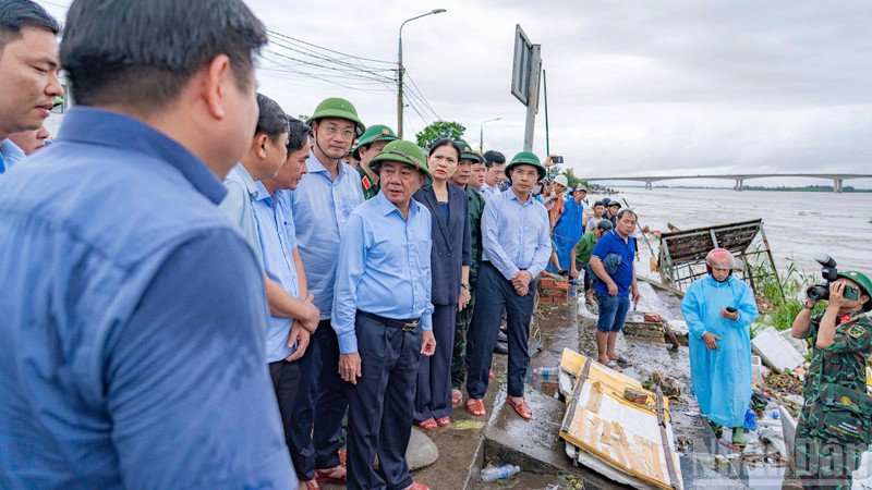 Politburo member and Permanent Member of the Secretariat Tran Cam Tu inspecting embankment erosion in Duy Nghia Commune.