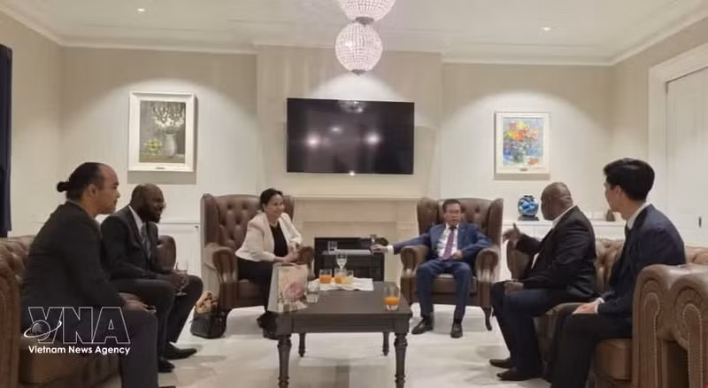 Vietnamese Ambassador to Australia Pham Hung Tam (third from the right) and Nauru High Commissioner to Australia Camilla Solomon (third from the left) at their meeting on May 27. (Photo: VNA)