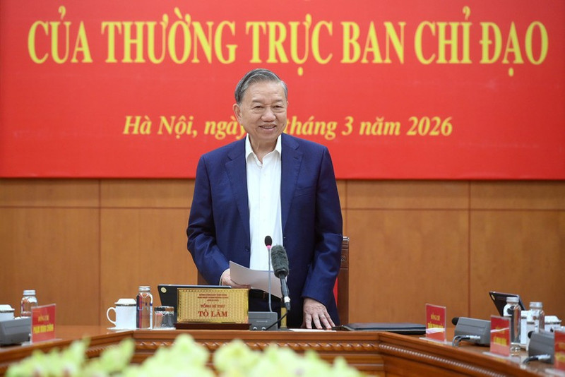 Party General Secretary To Lam speaks at the first-quarter meeting of the Standing Board of the Central Steering Committee on Perfecting Institutions and Laws. (Photo: Dang Khoa)