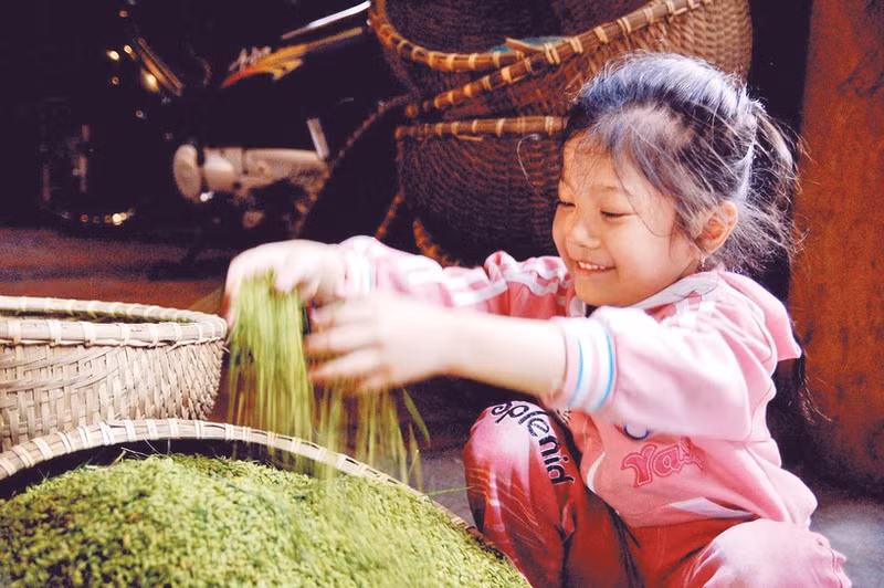 A girl plays with green rice.