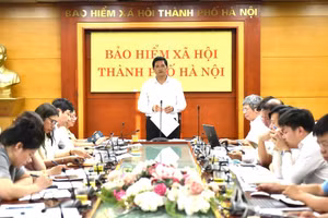 Nguyen Ngoc Huyen, Director of Ha Noi Social Security, speaks at the meeting. (Photo: Ha Noi Social Security)