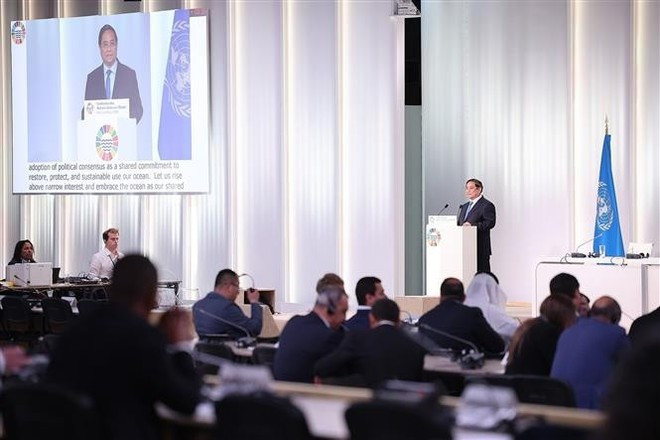 Prime Minister Pham Minh Chinh speaks at the plenary session of the 3rd United Nations Ocean Conference (UNOC 3) in Nice, France. (Photo: VNA) 9-6-2pm-pham-minh-chinh-unoc-nice-vna.jpg