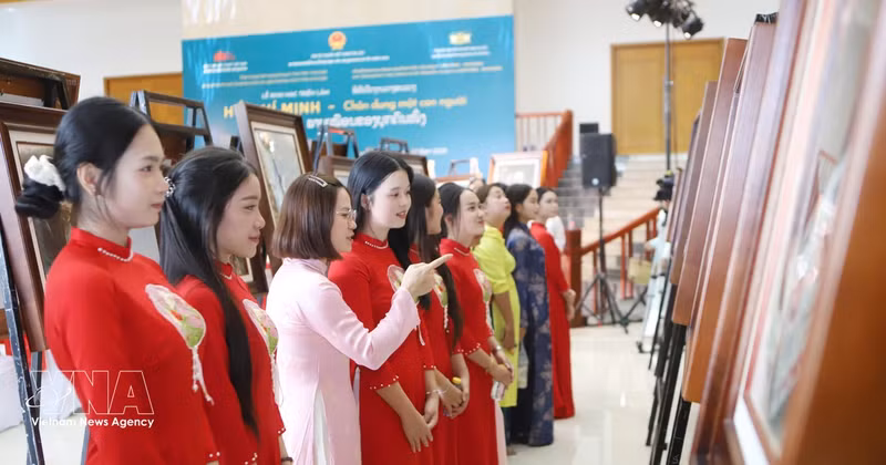 Students contemplate paintings at the exhibition (Photo: VNA)