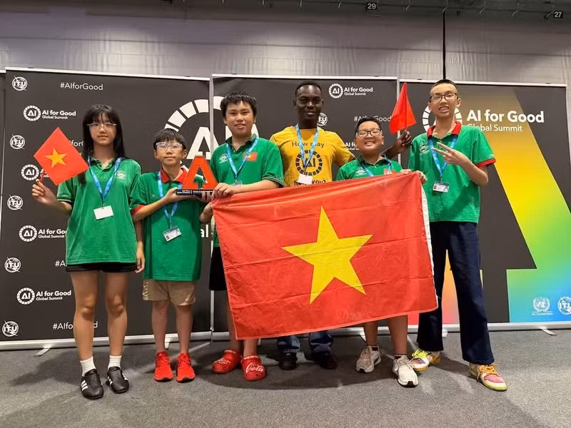 Team Mission Possible celebrates its Runner-up Award during the closing ceremony of the Robotics for Good Youth Challenge 2026 Global Finale.