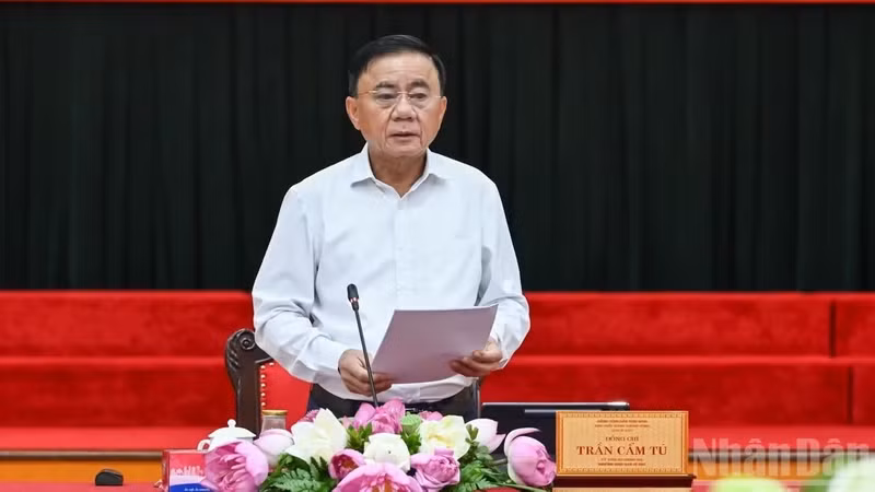 Politburo member and Permanent member of the Party Central Committee’s Secretariat Tran Cam Tu speaks at the meeting in Ha Noi on April 23 with the Party Committees of provinces and centrally-run cities as well as the Party Central Committee’s commissions and agencies. (Photo: NDO)