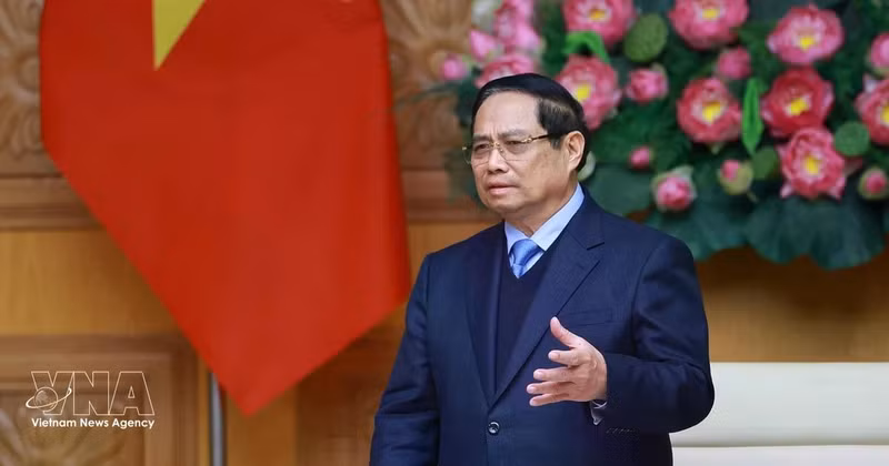 Prime Minister Pham Minh Chinh speaks at a meeting with a delegation of leaders from 37 member companies of the Japan Chamber of Commerce and Industry. (Photo: VNA)