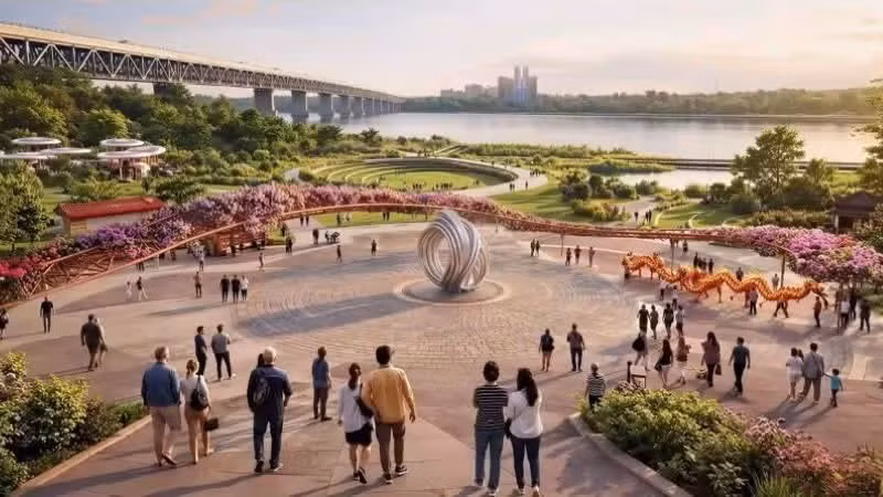 Ha Noi plans to develop cultural and artistic centres, along with commercial and service hubs, along the Red River landscape axis. (Photo: An artist’s impression of a cultural park along the Red River)