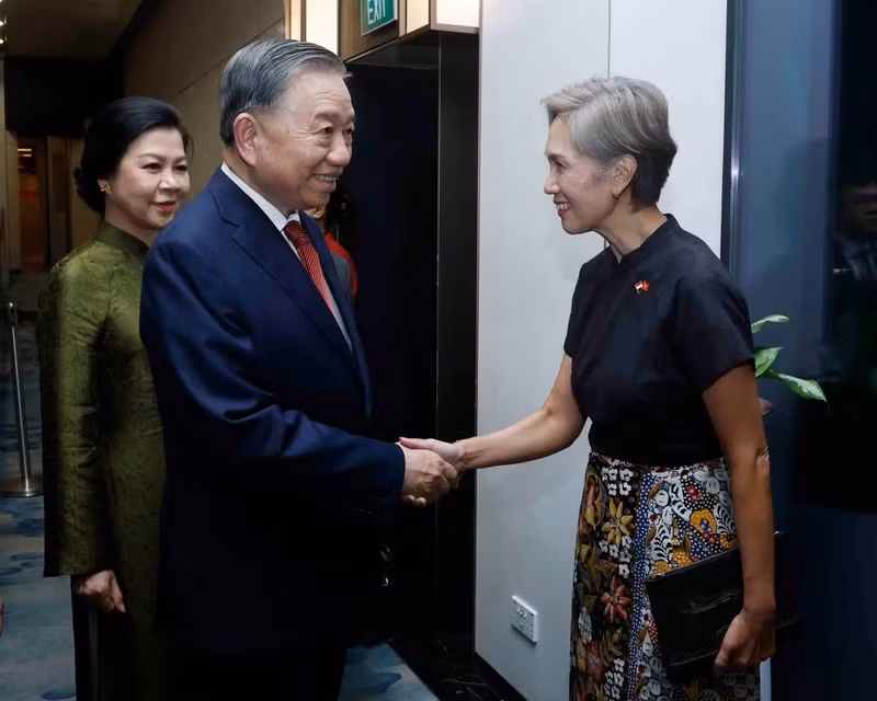 Singaporean leaders welcome Party General Secretary and State President To Lam and his spouse at Changi Airport, Singapore. (Photo: Thong Nhat/VNA)