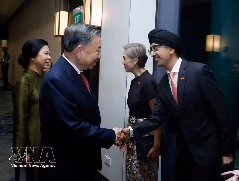 Party General Secretary and State President To Lam and his spouse Ngo Phuong Ly are welcomed by Singaporean officials at Changi Airport on early May 29 morning. (Photo: VNA)