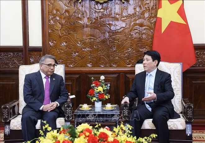 State President Luong Cuong (R) receives Philippine Ambassador Meynardo Los Banos Montealegre. (Photo: VNA)