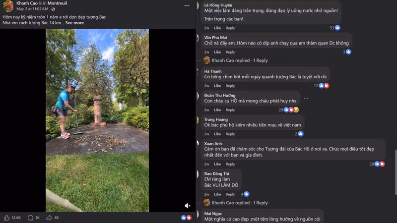 Videos posted on social media by Cao Ba Khanh showing him cleaning the area around President Ho Chi Minh’s statue in a neat and dignified condition have received widespread encouragement and support from Vietnamese communities both at home and abroad.