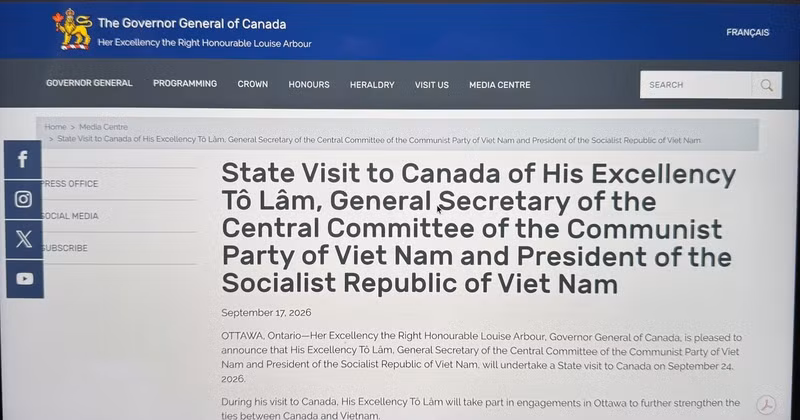 As screenshot of the press release published on the website of the Office of the Governor General of Canada.
