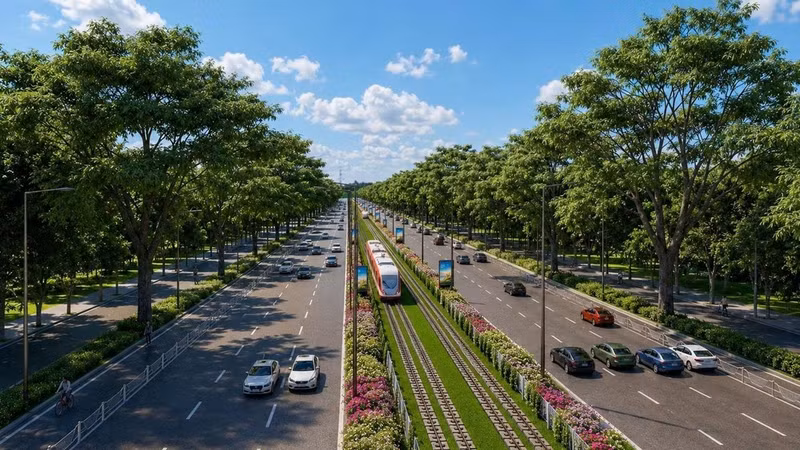 The LRT line operating along Road DT.975 is one of the links in a series of infrastructure projects being developed simultaneously in Phu Quoc. (Illustrative rendering: Sun Group)