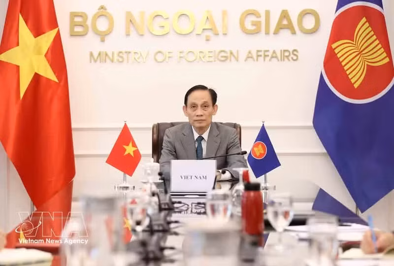 Politburo member and Minister of Foreign Affairs Le Hoai Trung speaks at the meeting (Photo: VNA)