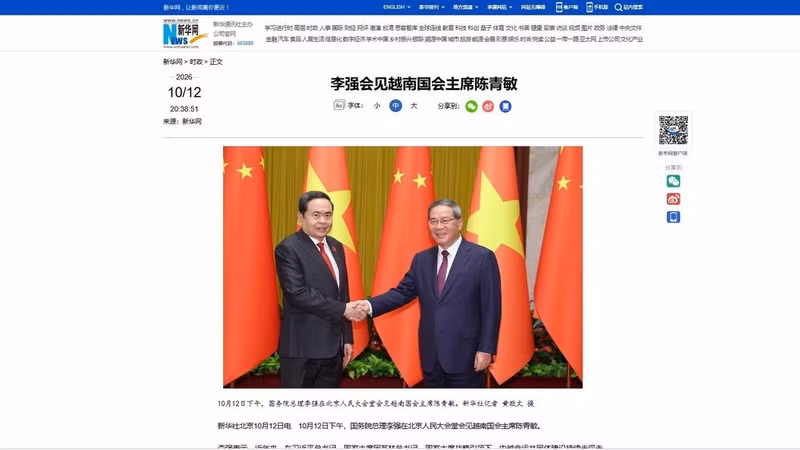 Xinhua reports on the meeting between National Assembly Chairman Tran Thanh Man and Chinese Premier Li Qiang. (Photo: NDO)