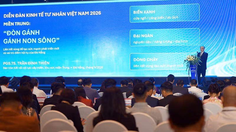 Assoc. Prof. Dr. Tran Dinh Thien, a member of the National Financial and Monetary Policy Advisory Council, delivers a presentation at the session. (Photo courtesy of the Viet Nam Young Entrepreneurs Association Central Committee)