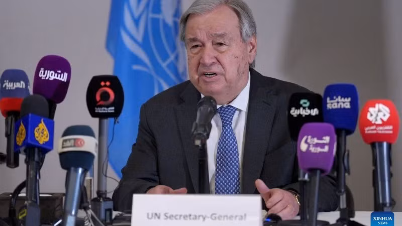 UN Secretary-General Antonio Guterres speaks at a press conference during his visit to Syria on July 26, 2026. (Photo: XINHUA)