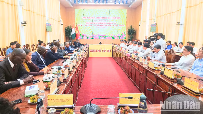 Secretary of the Can Tho municipal Party Committee Do Thanh Binh holds a working session with a Côte d’Ivoire delegation led by President of the National Assembly Patrick Achi. (Photo: NDO)