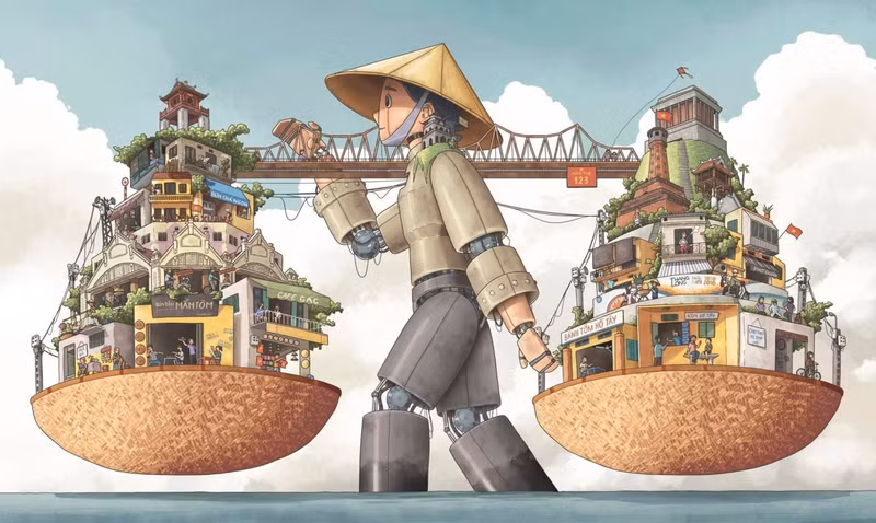 The digital painting themed ‘Ha Noi rong’ (Hanoi’s street vendors) by Dang Thai Tuan wins first prize at the “Ha Noi is…” Illustration Contest.