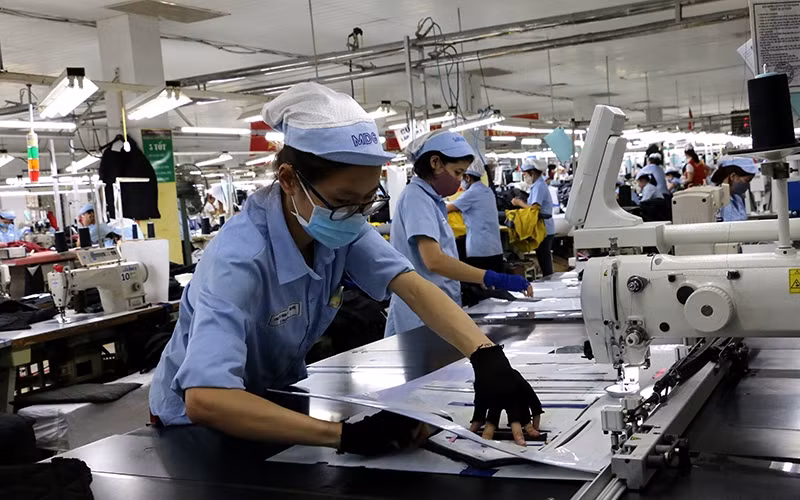 The production of textiles for export at Duc Giang Garment Corporation.