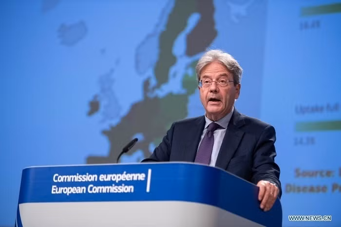 Paolo Gentiloni, European Commissioner for Economy, speaks during a press conference in Brussels, Belgium, on July 7, 2021. (European Union/Handout via Xinhua)