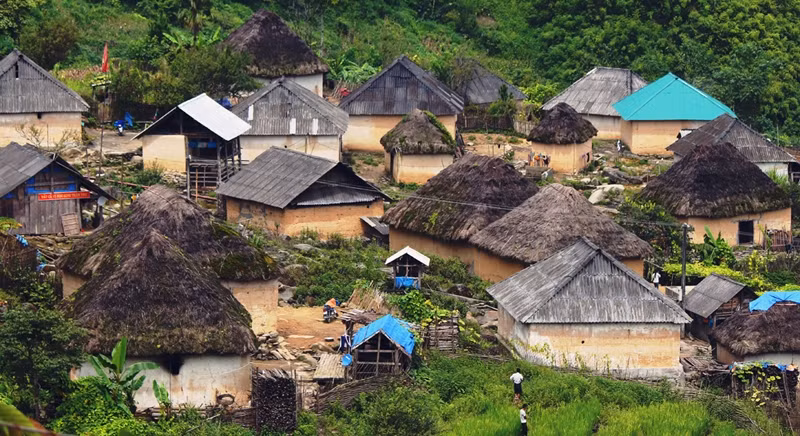 A picturesque view of a village of Ha Nhi people in Y Ty commune, Bat Xat province, Lao Cai province seen from above 