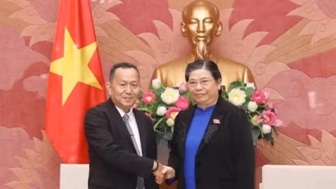 NA Permanent Vice Chairwoman Tong Thi Phong welcomes Laos news agency Khaosan Pathet Lao (KPL)'s General Director Sounthone Khanthavong (Photo: VNA)
