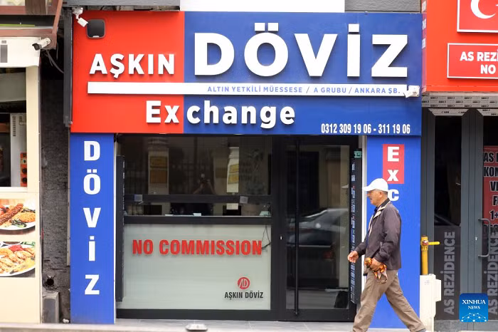A man passes by a currency exchange office in Ankara, Türkiye, May 14, 2026. Türkiye on Thursday revised its inflation outlook significantly upward, underscoring challenges to the country's disinflation push. (Mustafa Kaya/Handout via Xinhua)