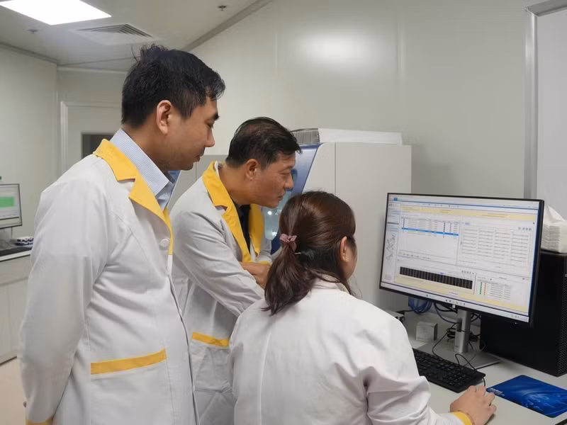Researchers from the project review genome sequencing results in the laboratory.
