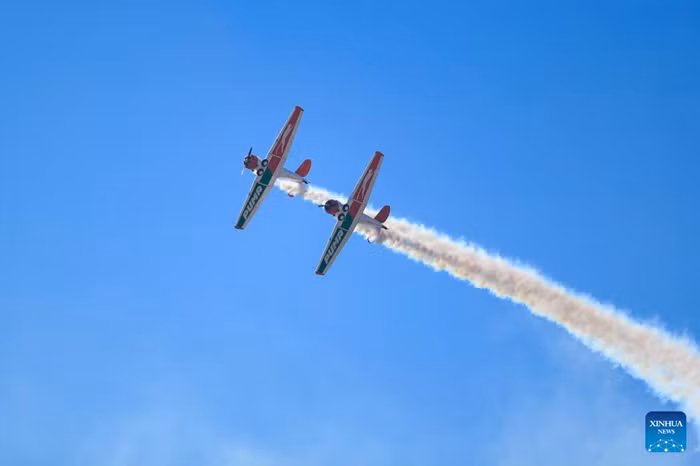 Aircraft perform during the South African Air Force (SAAF) Museum Airshow in Pretoria, South Africa, June 6, 2026. The annual SAAF Museum Airshow took place here on Saturday. (Xinhua)