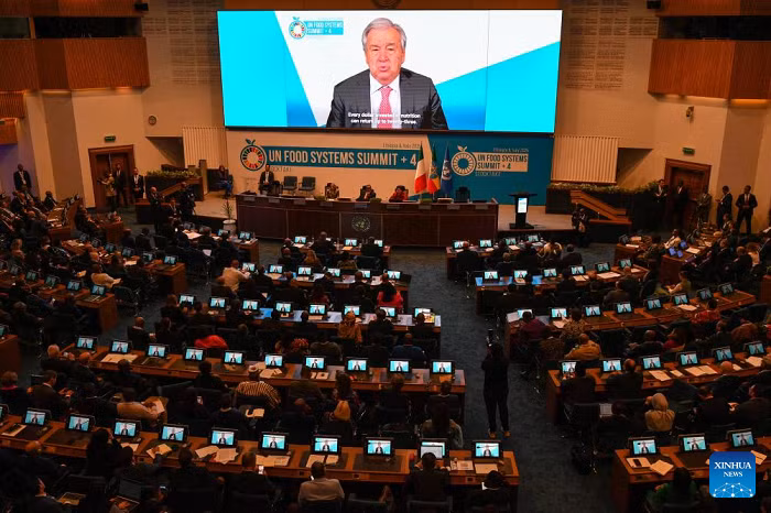 United Nations (UN) Secretary-General Antonio Guterres addresses the Second UN Food Systems Summit in a video message in Addis Ababa, Ethiopia, on July 28, 2025. Global leaders on Monday called for urgent collective action to address challenges facing food systems. (Photo: Xinhua)