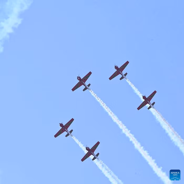 Aircraft are pictured during an aerobatic performance at the Marrakech Air Show 2026 in Marrakech, Morocco, on Oct. 8, 2026. The eighth edition of the Marrakech Air Show is being held at the Marrakech Royal Moroccan Air Force Base from Wednesday to Saturday. More than 200 aerospace and defense companies from 19 countries are participating in the event. (Photo: Xinhua)