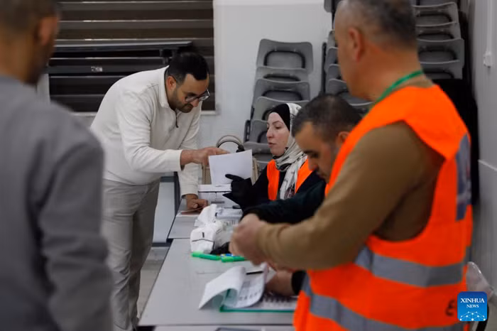 Palestinians are seen at a polling station in the West Bank city of Hebron, on April 25, 2026. Thousands of Palestinians voted Saturday in the first municipal elections held in Gaza in 20 years, though the process was limited to the city of Deir al-Balah in the central part of the enclave, alongside local elections across the West Bank. (Photo: Xinhua)