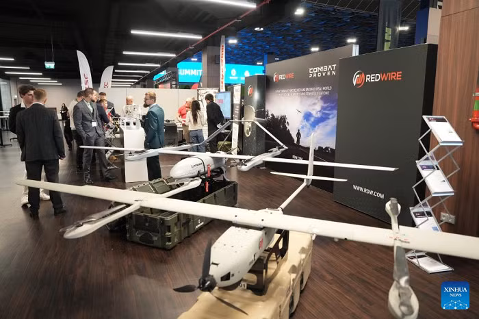 Drones are displayed during the Drone Summit 2026 in Riga, Latvia, May 27, 2026. (Photo: Xinhua)