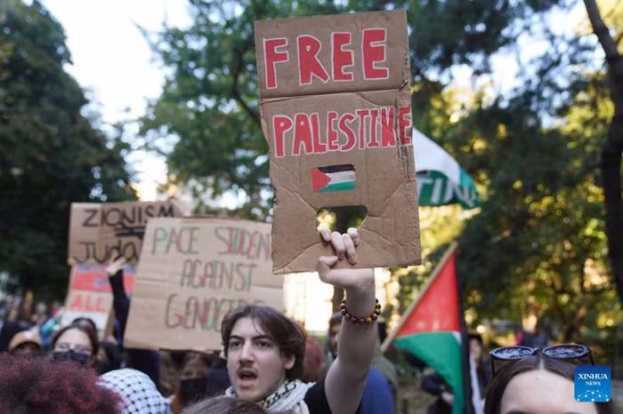 People attend a pro-Palestinian march in New York, the United States, on Oct. 7, 2026. Multiple events were held in New York city on Wednesday to mark three years since the Gaza conflict erupted on Oct. 7, 2023. (Xinhua)