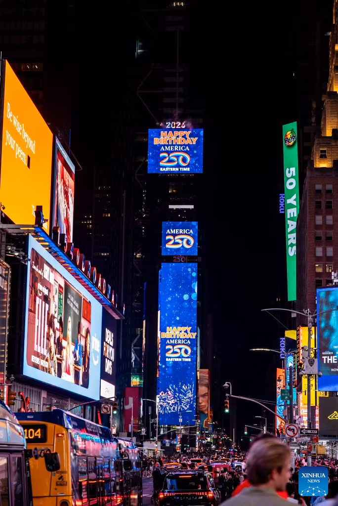 This photo taken on July 4, 2026 shows a scene after the Times Square ball dropped to mark the arrival of the Fourth of July in the Eastern Time zone, in New York, the United States. The ball descends eight times with a rolling countdown from Friday to Saturday to celebrate America's 250th anniversary. (Photo: Xinhua)