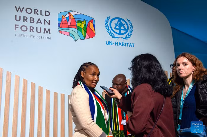  A representative receives a media interview during the 13th Session of the World Urban Forum (WUF 13) in Baku, Azerbaijan, May 17, 2026. The WUF 13 opened on Sunday, with global leaders, policymakers and urban experts gathering to discuss the challenges of rapid urbanization and sustainable city development. (Photo: Xinhua)