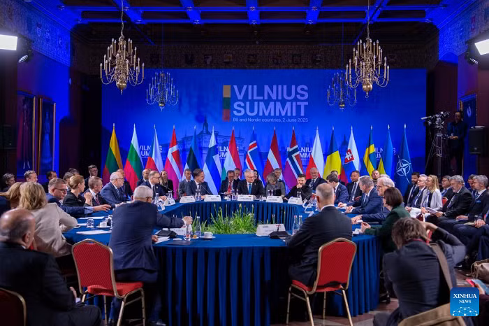 Participants attend the Bucharest Nine (B9) summit in Vilnius, Lithuania, on June 2, 2025. The Bucharest Nine (B9) summit took place here on Monday, with leaders of the B9 and Nordic countries pledging to gradually increase defense spending. (Lithuanian Presidency/Handout via Xinhua) 