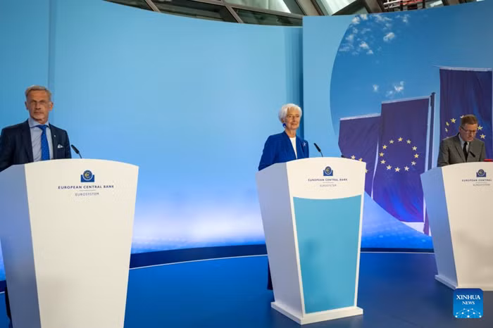 European Central Bank (ECB) President Christine Lagarde (C) attends a press conference at the ECB headquarters in Frankfurt, Germany, on June 11, 2026. The ECB decided on Thursday to raise all the three key interest rates by 25 basis points. The interest rate hike on Thursday is the first time that the ECB has lifted its key interest rates since September 2023. The central bank has put interest rates on hold since June last year. (ECB/Handout via Xinhua)