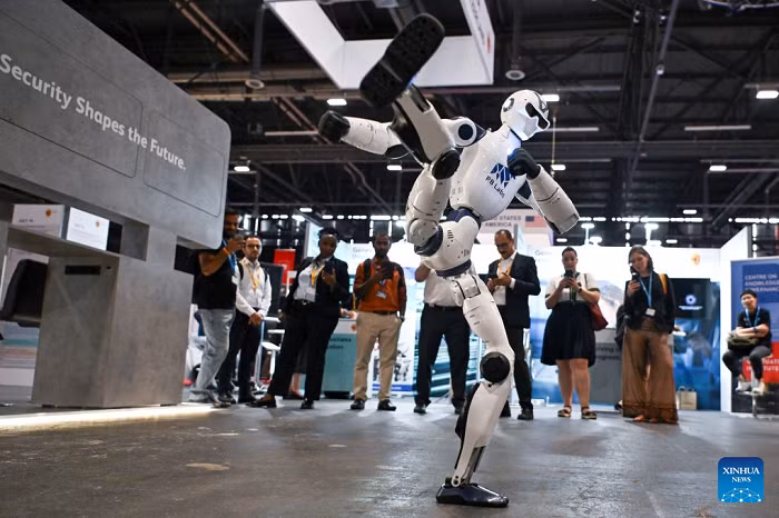 A robot made by Swiss brand RB Labs performs martial arts at AI for Good Global Summit in Geneva, Switzerland, July 7, 2026. The AI for Good Global Summit 2026 kicked off here on Tuesday and will last till July 10. (Xinhua)