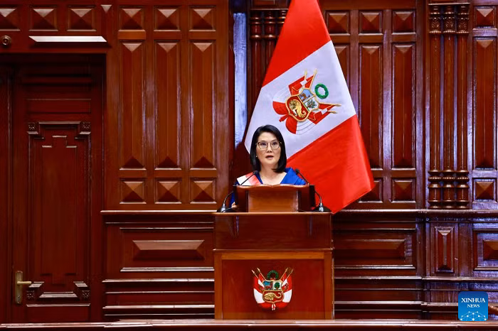 Keiko Fujimori delivers her inaugural address at the Peruvian Congress in Lima, Peru, July 28, 2026. Peru's President-elect Keiko Fujimori took office Tuesday after being sworn in at a ceremony held at the Legislative Palace in Lima. (Peru's Congress/Handout via Xinhua)