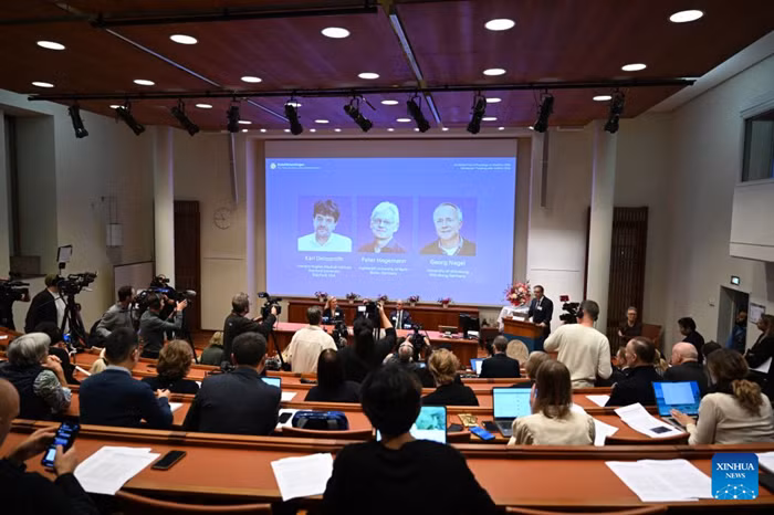The 2026 Nobel Prize in Physiology or Medicine is announced in Stockholm, Sweden, Oct. 5, 2026. Karl Deisseroth, Peter Hegemann and Georg Nagel were awarded the 2026 Nobel Prize in Physiology or Medicine on Monday for their discoveries concerning light-gated ion channels and optogenetics, the Nobel Assembly at Sweden's Karolinska Institute announced. (Xinhua)