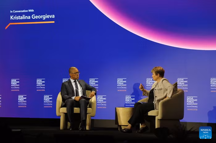Kristalina Georgieva (R), managing director of the International Monetary Fund (IMF), speaks in a dialogue at a special edition of the Qatar Economic Forum in New York City, the United States, Sept. 20, 2026. The world economy faces risks from stubborn inflation, higher debt service cost and artificial intelligence (AI) investment though it has proven to be more resilient than many feared, according to Kristalina Georgieva. (Xinhua)