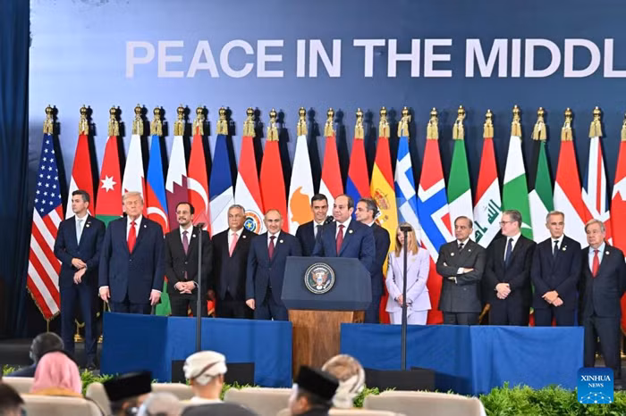 Egyptian President Abdel Fattah al-Sisi (C) addresses the summit on ending the Gaza war in Sharm el-Sheikh, Egypt, Oct. 13, 2025. A summit on ending the Gaza war kicked off here Monday, which witnessed the signing of the recently-reached ceasefire deal between Israel and Hamas. (Egyptian Presidency/Handout via Xinhua)