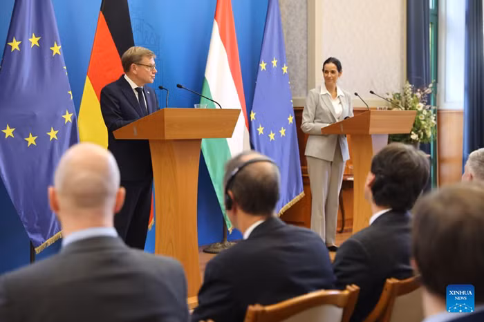 German FM Johann Wadephul (L) and Hungarian Deputy Prime Minister and FM Anita Orban attend a press conference after their meeting in Budapest, Hungary, Sept. 14, 2026. Hungary and Germany agreed on Monday to strengthen bilateral cooperation and open a new chapter in their relations, following talks between Hungarian Deputy Prime Minister and FM Anita Orban and German FM Johann Wadephul in Budapest. (Photo: Xinhua)