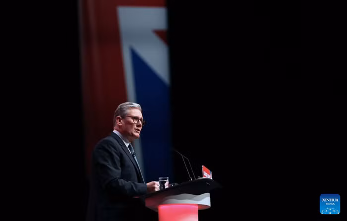 This file photo taken on Sept. 24, 2024 shows Keir Starmer in Liverpool, Britain. British Prime Minister Keir Starmer announced in a speech outside No. 10 Downing Street on Monday that he would resign as leader of the governing Labour Party and set out a timetable for his departure from the government. Starmer will remain as prime minister until his successor is chosen. (Xinhua)
